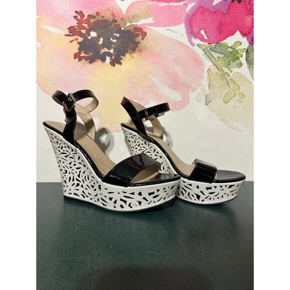 JustFab Wedge Strappy Heels Black and White Designs Summer Classy Ankle Strap 10 - Picture 3 of 6